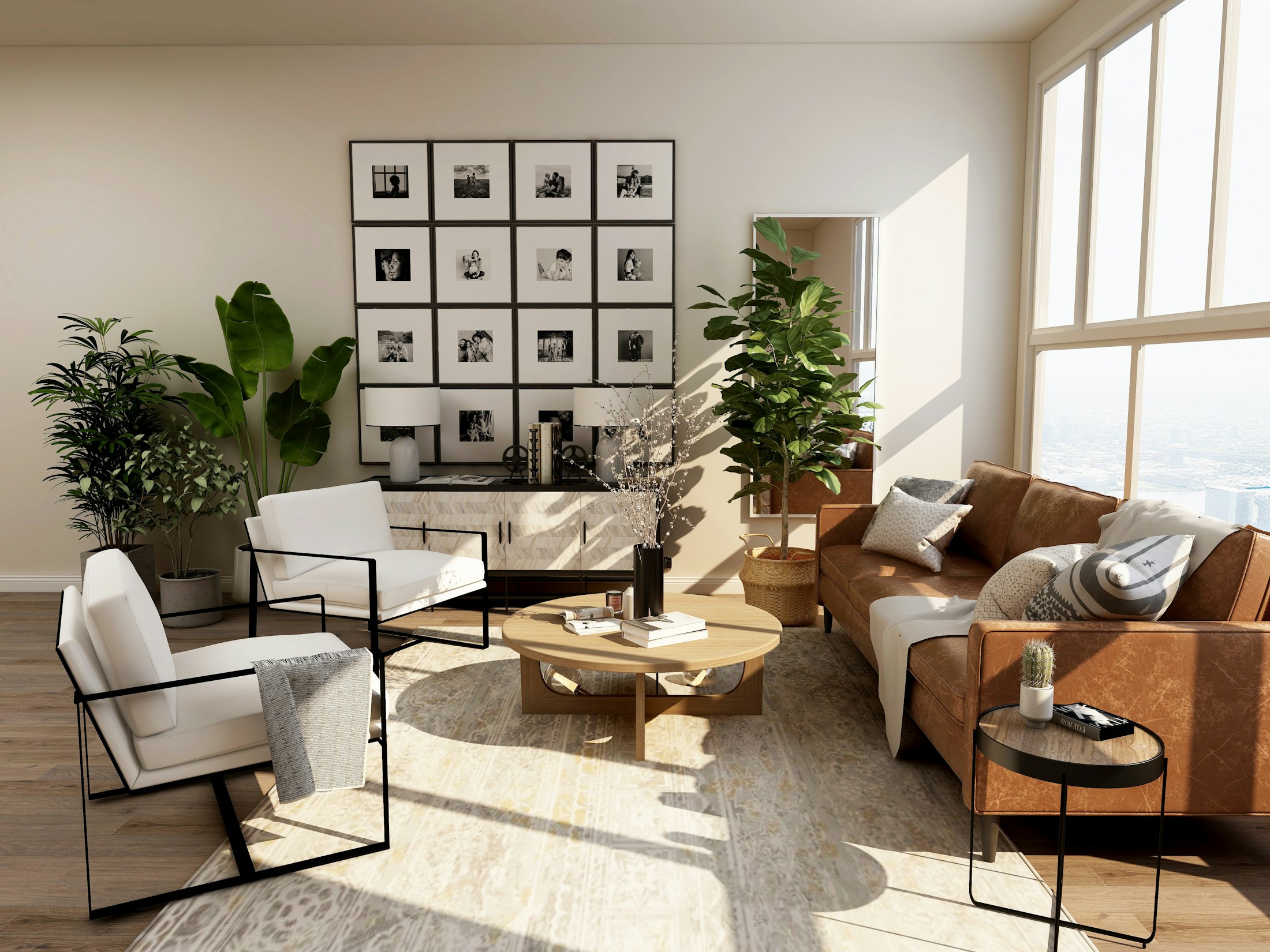 Salón luminoso de estilo contemporáneo, con madera natural y tonos neutros